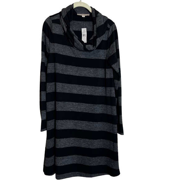 Loft Womens Cowl Neck Dress Size Small Black Gray Stripe Long Sleeve Knee Length - Picture 1 of 6